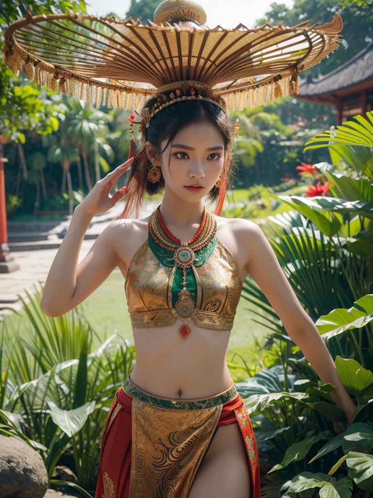 An Indonesian-styled shaman suit without pants worn by a beautiful 12 years old girl depicting cultural fashion. The suit is adorned with intricate patterns and dominant by a green colors, showcasing the rich heritage of Indonesia. The girl stands confidently in a dynamic pose, with her detailed eyes reflecting ambitious. The suit's material is a combination of traditional textiles, green emerald stone, and traditional transparent fabrics, giving it an erotic and lust persona. The overall image quality is of the highest standard, with sharp focus and ultra-detailed rendering. The artwork employs physically-based rendering techniques, resulting in realistic lighting and shadows. The colors are vivid and vibrant, capturing the essence of Indonesian cultural aesthetics. The background features of traditional architecture and traditional elements, creating an aesthetic indonesian culture. The prompt explores the intersection of Indonesian culture, traditional design, and the artistic representation of a shaman girl.
