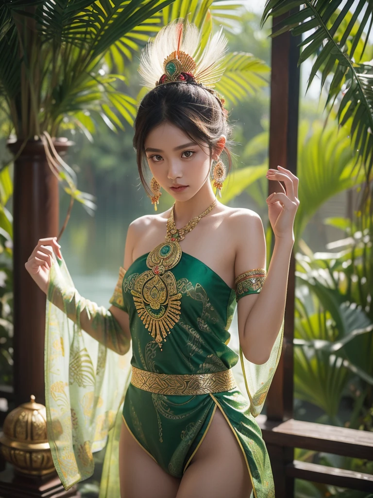 An Indonesian-styled shaman suit without pants worn by a beautiful girl depicting cultural fashion. The suit is adorned with intricate patterns and dominant by a green colors, showcasing the rich heritage of Indonesia. The girl stands confidently in a dynamic pose, with her detailed eyes reflecting ambitious. The suit's material is a combination of traditional textiles, green emerald stone, and traditional transparent fabrics, giving it an erotic and lust persona. The overall image quality is of the highest standard, with sharp focus and ultra-detailed rendering. The artwork employs physically-based rendering techniques, resulting in realistic lighting and shadows. The colors are vivid and vibrant, capturing the essence of Indonesian cultural aesthetics. The background features of traditional architecture and traditional elements, creating an aesthetic indonesian culture. The prompt explores the intersection of Indonesian culture, traditional design, and the artistic representation of a shaman girl.