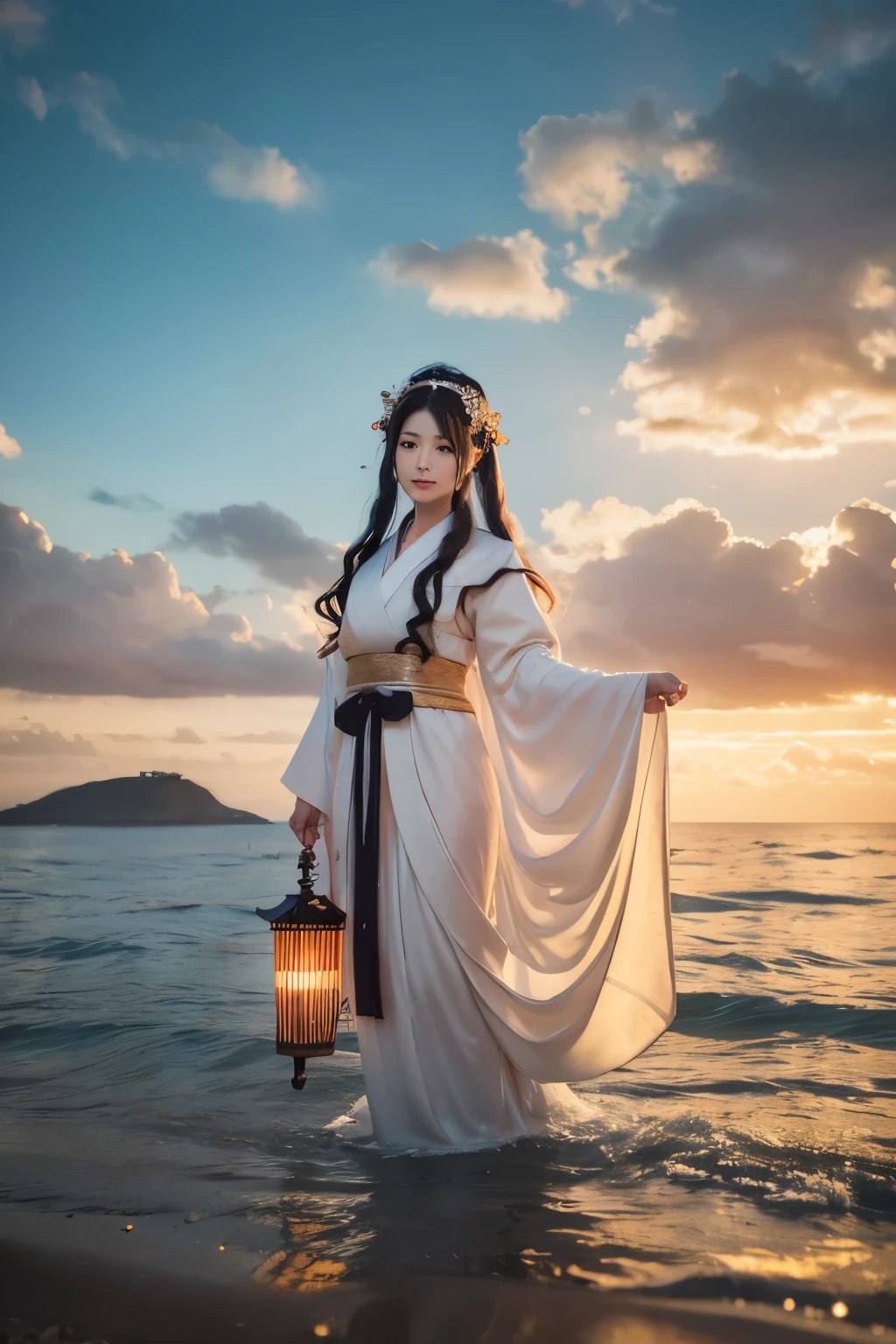 Create an illustration of Tagitsu-hime no Mikoto, one of the three Munakata goddesses from Japanese mythology. She should be depicted as a graceful and serene goddess, standing by the sea. Her attire should be traditional, reflecting ancient Japanese clothing with flowing robes. She holds a trident or a fishing net, symbolizing her role as the goddess of bountiful seas and fishing. The background should feature a peaceful coastal scene with waves gently lapping against the shore and a Shinto shrine in the distance, hinting at her association with the Munakata Taisha. The atmosphere should be tranquil and divine, with soft, ethereal light highlighting her divine presence.