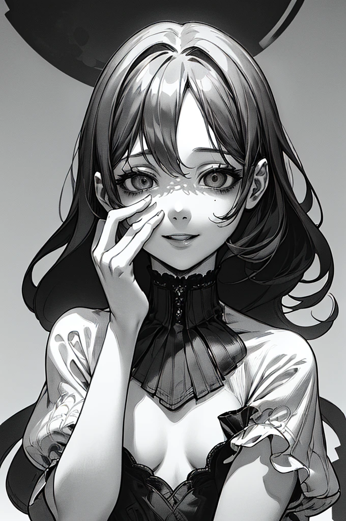 Highest quality, (Background details), High Contrast, Great beauty, Detailed original illustrations, Sensual, Delicate face, Charm, sexy, Real breasts, Small breasts, Crazy Smile, Crazy Eyes, attention arousal, White Background, (White Background: 1. 5), Beautiful line art, Monochrome