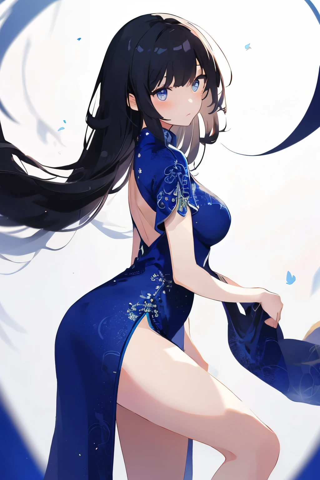 best quality, masterpiece, (独奏:1.2), (1 Female:1.2)、Age 25、Larger breasts、(Slender figure)、(from side:1.2)、(One leg up pose:1.2)、(Dynamic)、(Blue Chinese Dress:1.2)、(Thighs)、(White highlight in pupil:1.2)、Dark blue eyes、(Black-haired:1.2)、Straight bangs、(Long Hair)、(View your viewers:1.2)、White skin、(blush)、(Serious expression)、(The paint on the characters is flat.)、(I blur the background a lot to make the woman stand out.:1.3)、(Half backlight)、(Abstract style background)、flowers in background