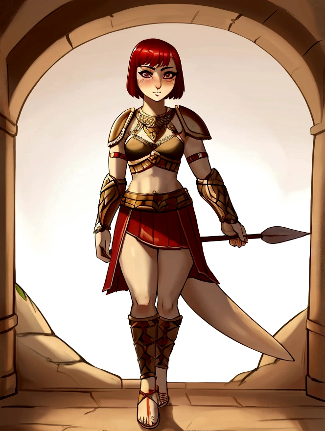 1girl, furry, furry_female, lizard_girl, solo, wearing full body plate armor, gladiator skirt, gladiator sandals, humanoid feet, holding a spear, nosebleed,bloody nose