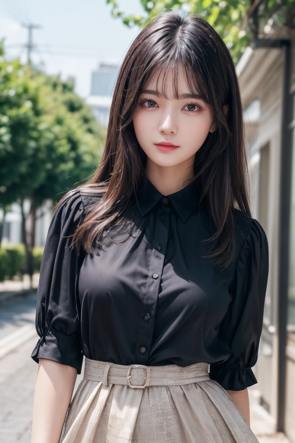 ((Best image quality、8K、masterpiece：1.3))、Realistic high-quality photos、Highest quality、Beautiful and graceful face and eyes、Black Hair、Shiny Hair、 OL、Wearing a short-sleeved blouse、Wear a long skirt、Full Body Shot.