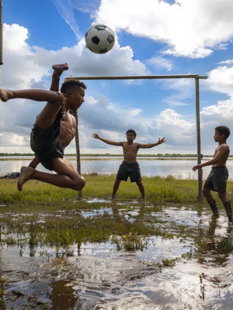 Three kids bare chested playing football in a swamp. One of them trying to kick the ball in the air. The background is open sky with cumulonimbus cloud, golden hour
