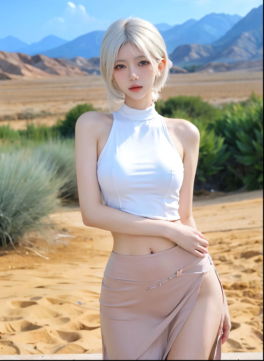 Beautiful woman with perfect figure:1.4,Desert Background,Desert Background,Ultra-high resolution,Seductive laughter,wear glasses,(lifelike:1.4),Layered Hairstyle,White皮肤,Super short pleated skirt,whole body,Very delicate face and skin texture,Double eyelids,Skin Whitening,Long hair,White hair,White,