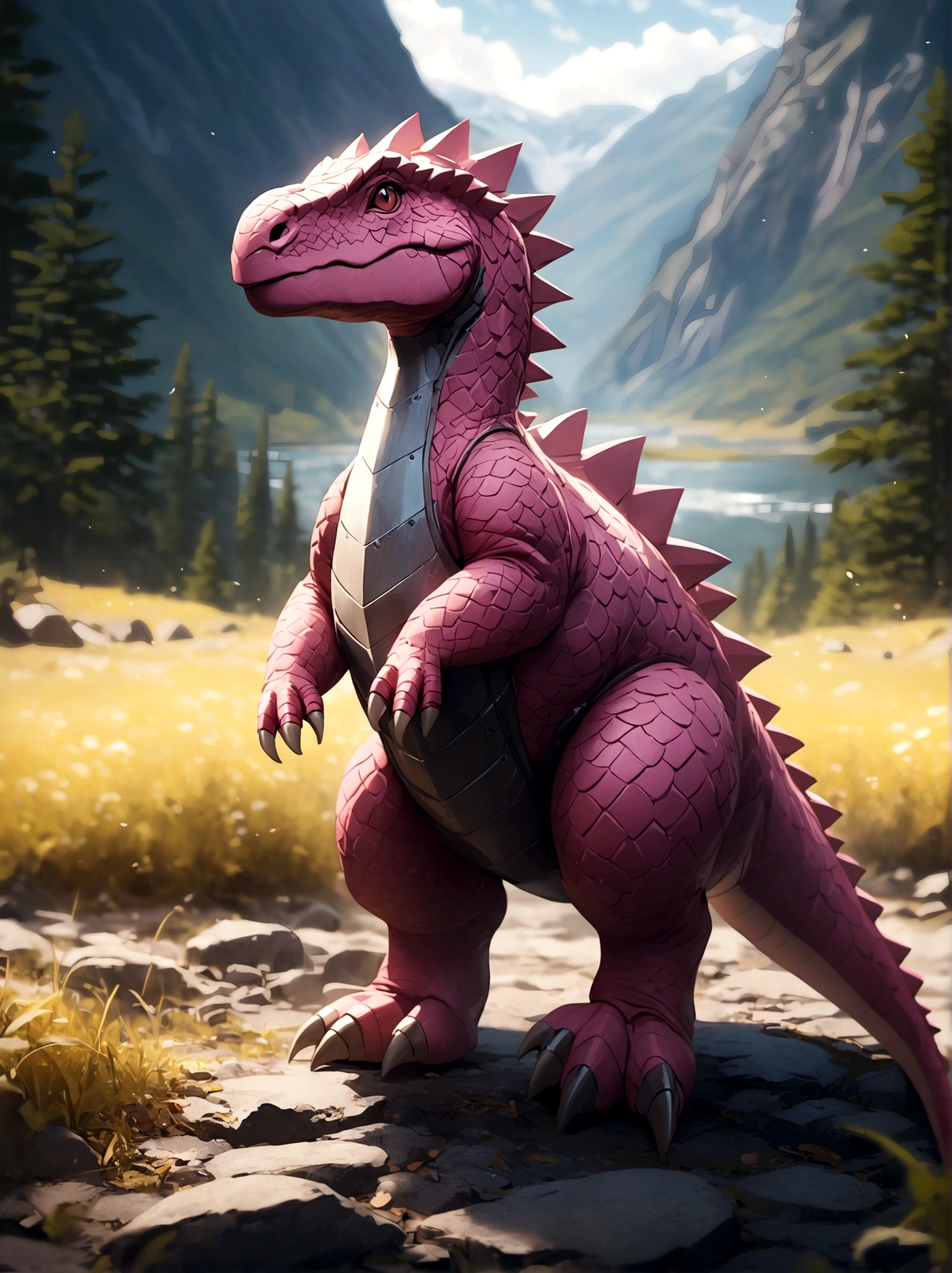 solo, full body, outdoors, blurry, no humans,Pink dinosaur,