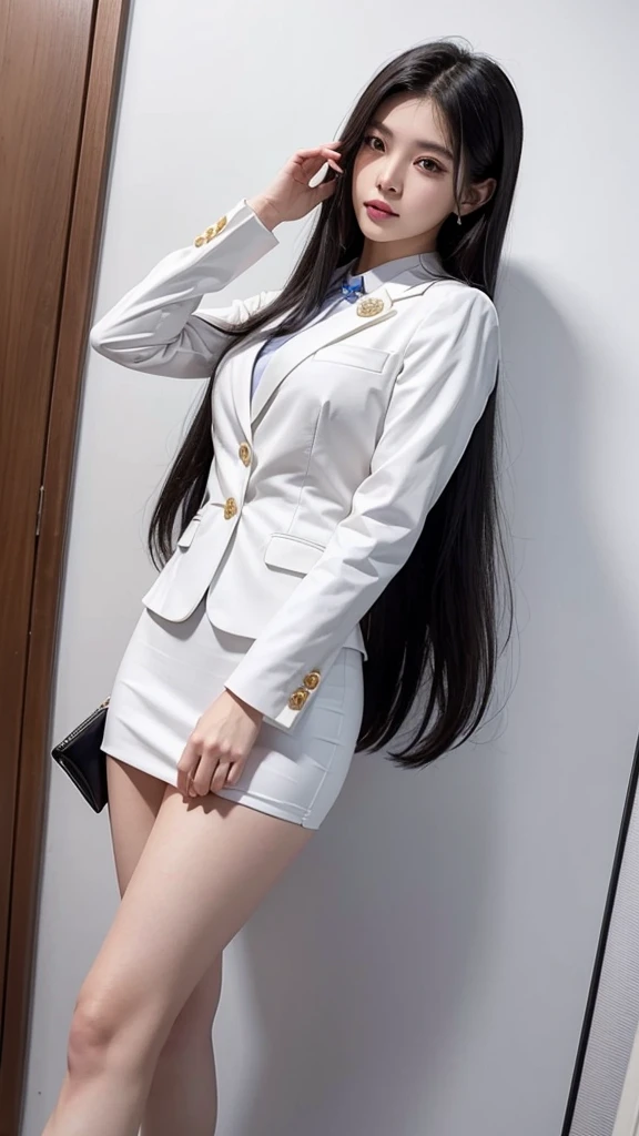 woman, short pencil skirt, รัดtight, white, เสื้อสูทรัดtight, (สาวสวยTwo meter long hair, My hair is very long., extra long hair, long black hair), (suitสไตล์อิตาลี, suitสองปุ่ม), (Italian suit, white suit, Set of two buttons), (ใส่สูทwoman, Business woman'suit, white), (suitwomanwhite), (เสื้อเชิ้ตwhite), necktie, (necktieสั้นสีดำ, necktieสีดำ, necktieผอม, ถักnecktie), (military rank insignia), (Short pencil skirtwhite), (Dynamic posts), full body, (A gigantic rift), (big breasts, thin body, small waist, hips raised, small thighs, Long legs), high-heelsสีดำ, (Short pencil skirt, white), Wearing a suit for a business woman, (Wearing a white businessuit, สูทนักธุรกิจหญิงwhite), (tight, military regalia, เสื้อwhite, กระโปรงwhite), (black shoes), (Two gold suit buttons, Two meter long hair, suitเข้ารูป, เสื้อสูทwhiteทรงธรรมดารัดรูป), (black shoes, high-heels), (stand, walk, elegant posture, Dynamic posts), short dress, earring, garden, monument