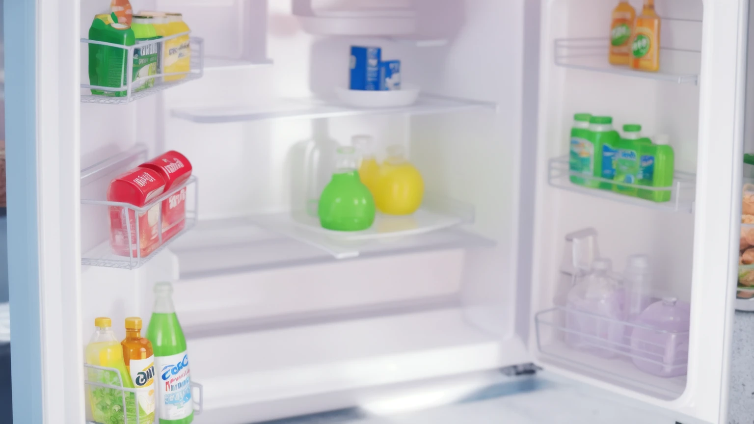 Outdoor refrigerator, shelves with products on the doors, Realistic style, realistic texture, bright lighting, high quality, Multiple light sources, high detail
