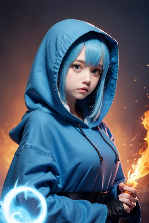 Anime illustration style, light blue hair, long hair, large eyes, small mouth, cute face, 16-year-old cute girl, very large bust, occupation: daughter of nobility, clothing: navy blue hooded robe, hood not covering, background: prison, weapon: bow, full body image using fire magic