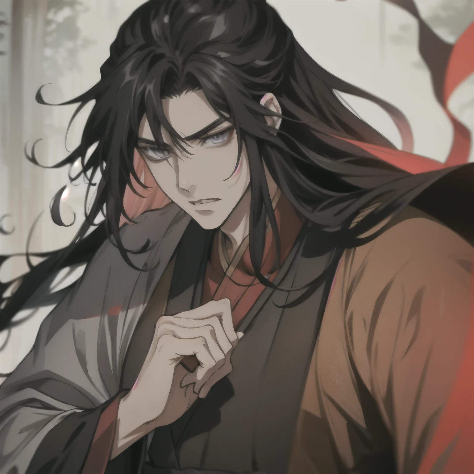 (masterpiece, best quality:1.2), 1male, solo, wei wuxian, mo dao zu shi, mdzs, black clothes, grey eyes, long black hair, perfect anatomy, angry