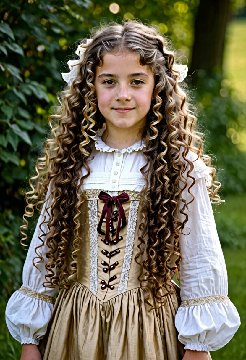 Young girl with long curly hair With a 19th century dress