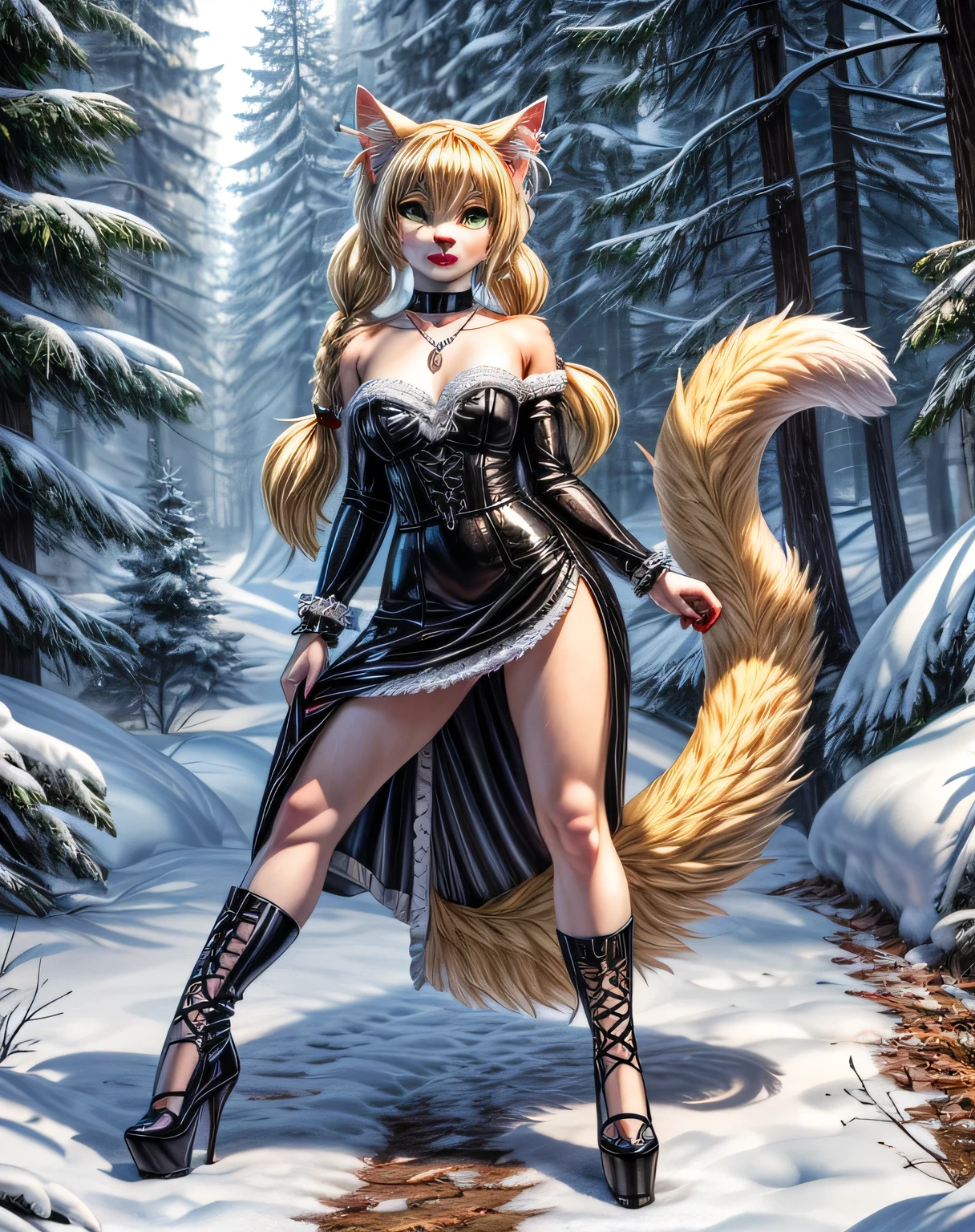 UHD 8k, HDR+, cute blonde anthro female Cat with a necklace, large piercing green eyes, huge earrings, giant earrings, blonde with pigtails, fluffy cat with a snow-white fluffy tail, Black leather high heel boots, High heels, Red gothic dress, Against the background of the forest, detailed background, realistic, 1girl, solo girl, 20 year old girl, ultra realistic face, hyperrealistic, hyperdetailed, (looking at viewers), sharpen, detailed face, detailed eyes, detailed lips, red lips, beautiful face, 16k, FHD, raw photo, cute face mesh, pretty face mesh, portrait shot 8 k