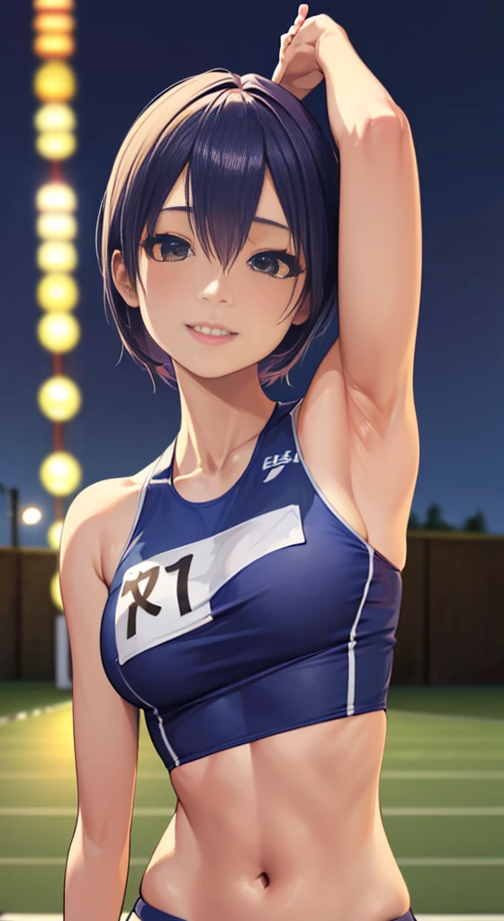 (Tabletop:1.3), (8K, Realistic, Raw photo, Highest quality: 1.4), Japanese, Beautiful Face, (A vivid face), (Shortcuts:1.3), Realistic eyes, Beautiful Eyes, (Real Skin), Beautiful Skin, 超High resolution, Surreal, High resolution, Beautiful Japanese Women, (夜のAthletics場, Track and Field:1.5), Athletics, (Show me your armpits:1.4), (Put your hands behind your head:1.2), smile