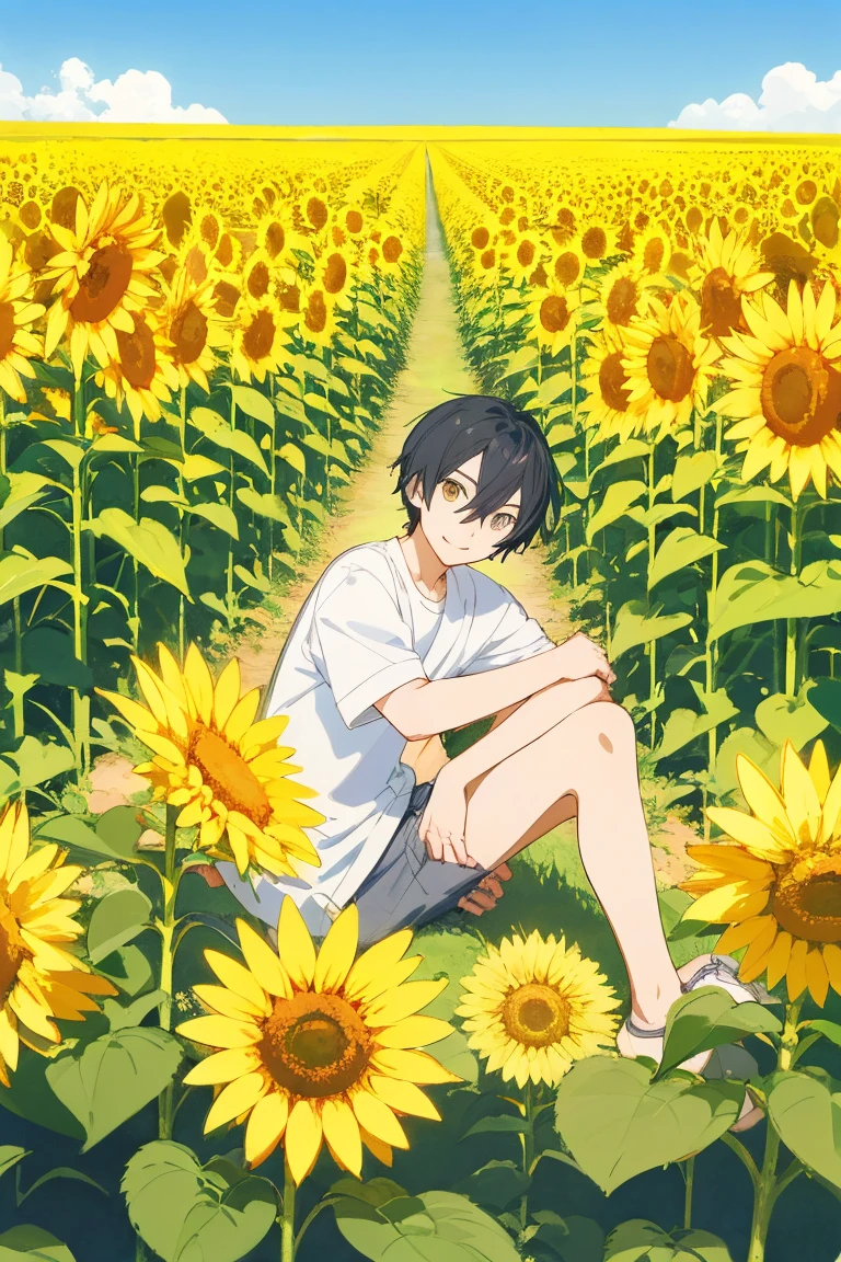 Painting of a boy sitting in a flower bed, 1boy, coronation of Prince of Flowers, Official Anime Artwork, Prince of Flowers, scene : Sunflower field, scene: Sunflower field, bright summer day, Poster ; summer, Official artwork, Yellow sunshine, shigenori soejima illustration, Beautiful sunflower anime girl, Anime Cover, Bright sunny day