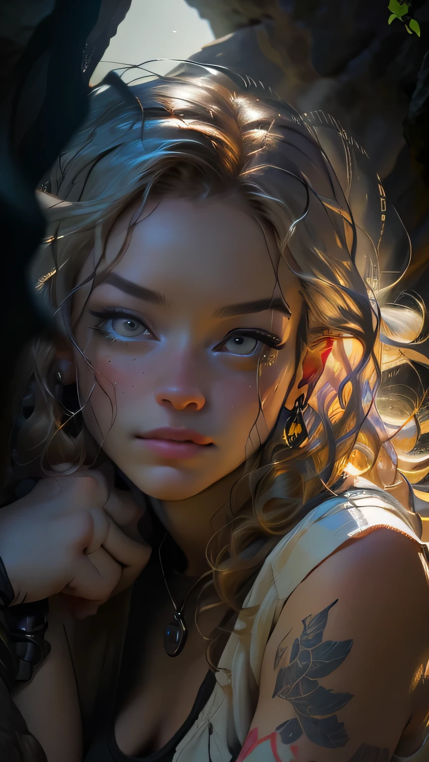 30-year-old woman, Realistic photos, (Alyssa Monks:1.1), Joseph Lorso, Lilia Alvarado, Beautiful lighting, Sharp focus, 8K, High resolution, (pores:0.1), (Sweaty:0.8), masterpiece, Nikon Z9, Award-winning photo, (Perfect round irises:1.3)､White tube top､Short denim､Big Tits､Long blonde curly hair､((Dark Cave))､(Detailed cave)､(Dynamic pose)､ masterpiece, 最high quality, high quality, High resolution､((Face close-up))､