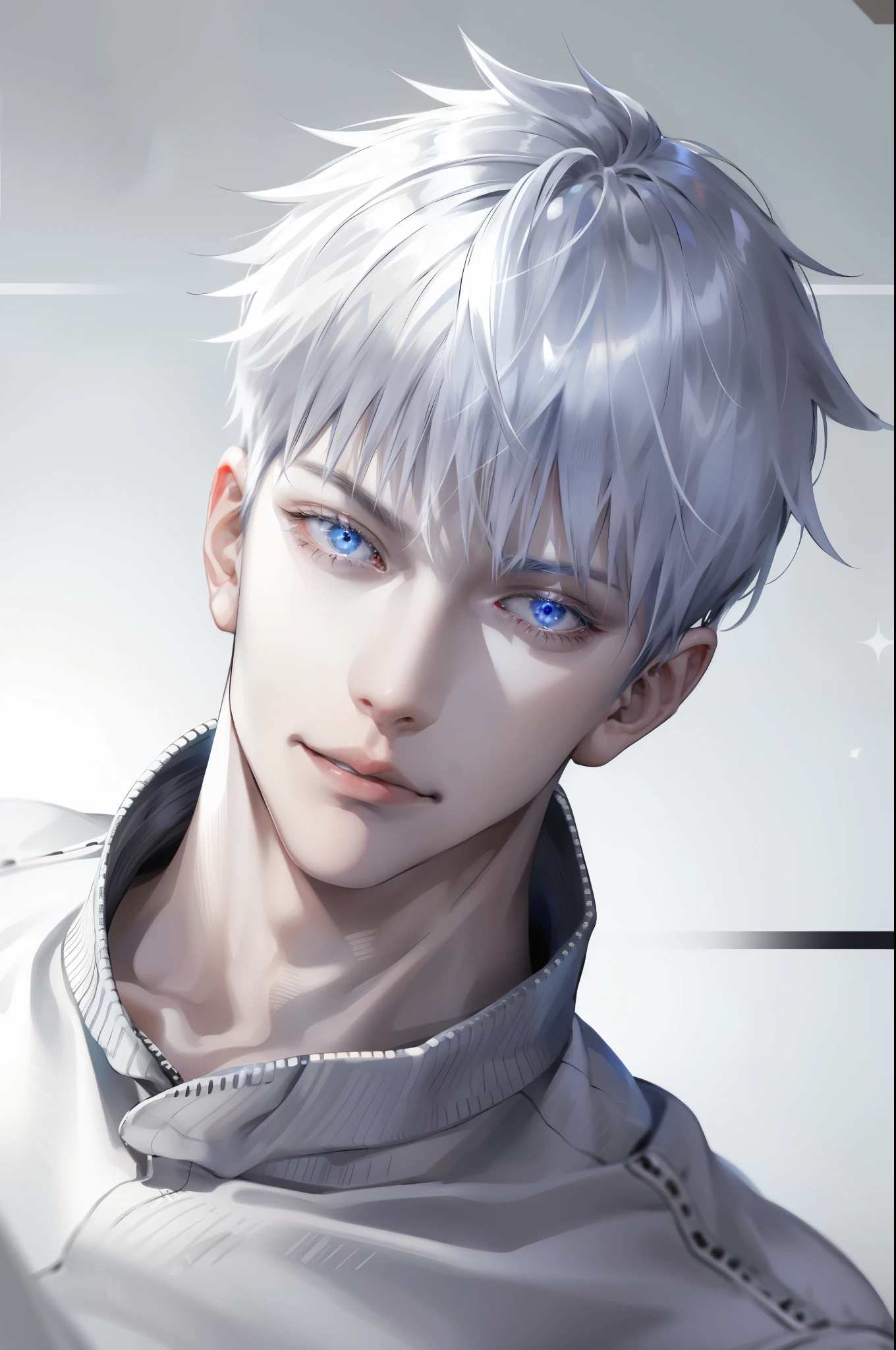 Boy, silver hair, blue eyes, serious sharp features, white skin, shiny lips, handsome, perfect, sweater