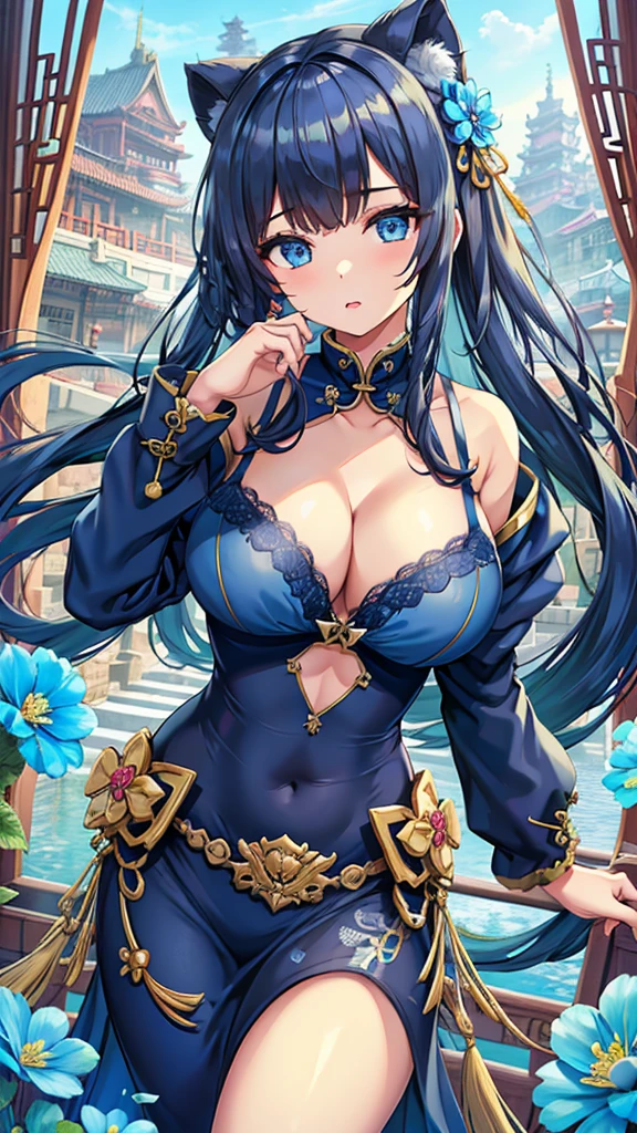 Masterpiece、Highest quality、Super detailed、1 girl、(Big Tits)、Fluffy and soft long hair、Blue Eyes、Cleavage、Navy Blue Hair、bra、Chinese Fantasy