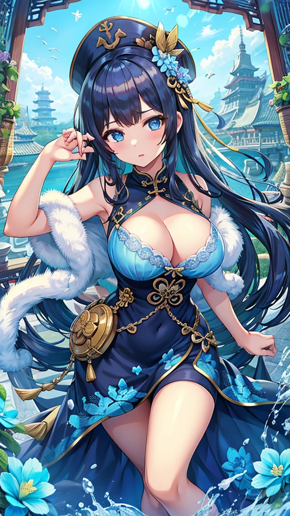 Masterpiece、Highest quality、Super detailed、1 girl、(Big Tits)、Fluffy and soft long hair、Blue Eyes、Cleavage、Navy Blue Hair、bra、Chinese Fantasy
