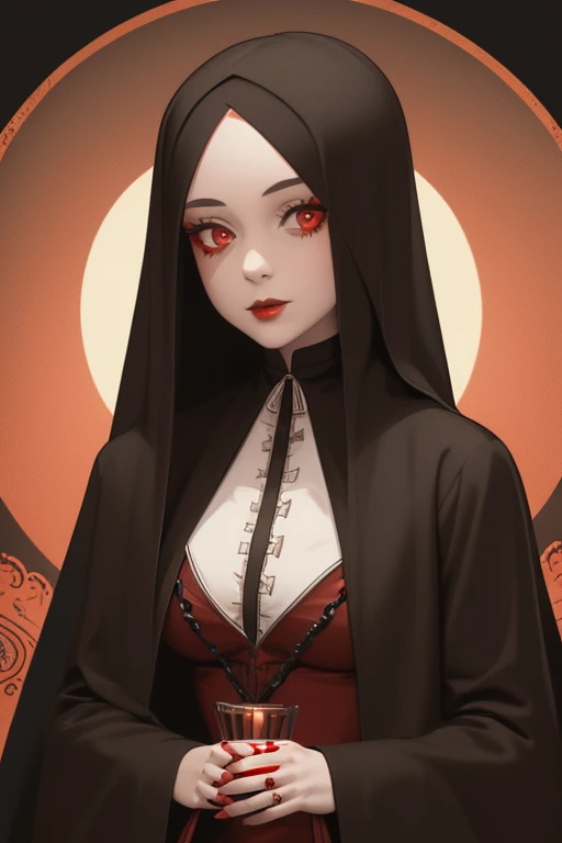 Zoe Benson from American Horror Story 1920s Vampire long curly hair vintage pointy ears red eyes Gothic nun clothing black vintage decorations Steampunk holding a blood moon mirror looking directly at viewer red background