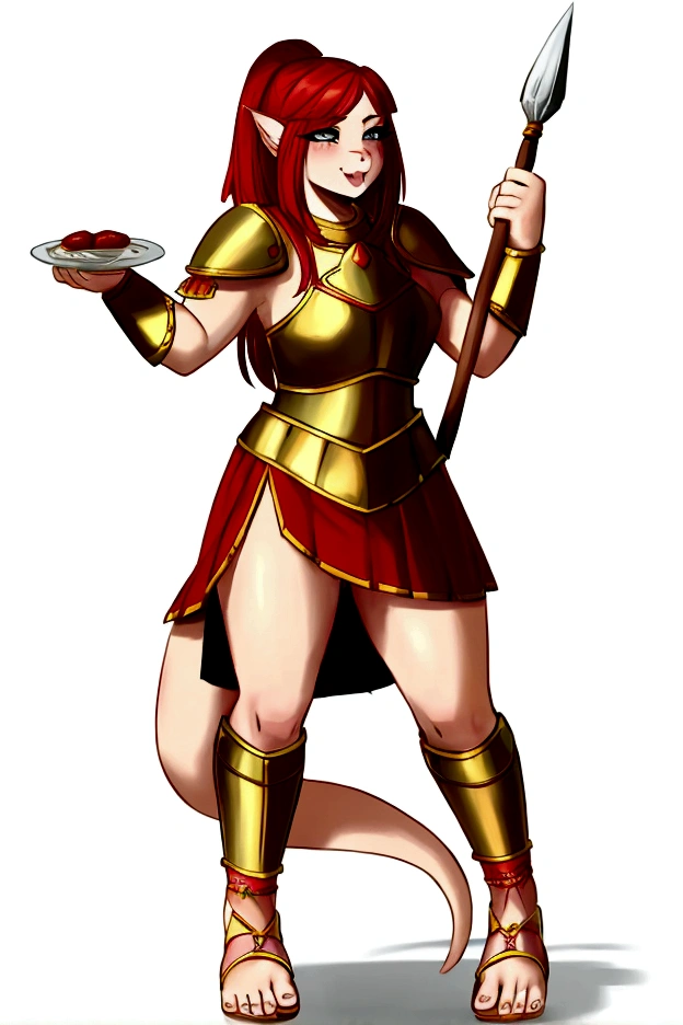 1girl, furry, furry_female, lizard_girl, solo, wearing full body plate armor, gladiator skirt, gladiator sandals, humanoid feet, holding a spear, nosebleed,bloody nose