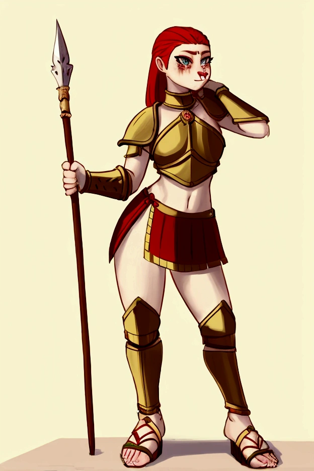 1girl, furry, furry_female, lizard_girl, solo, wearing full body plate armor, gladiator skirt, gladiator sandals, humanoid feet, holding a spear, nosebleed,bloody nose
