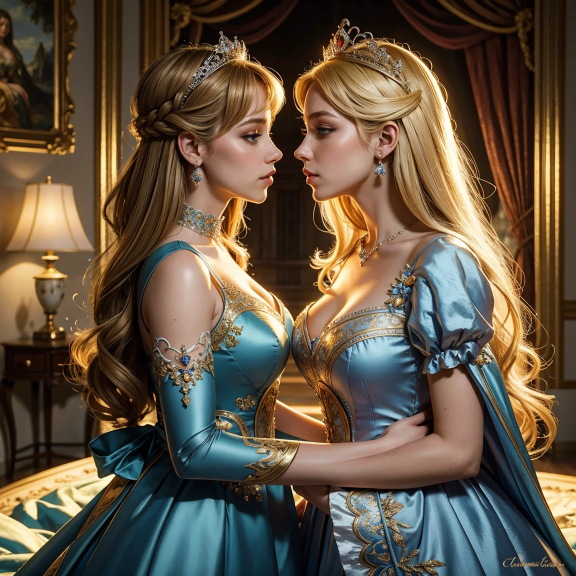 (masterpiece, best quality:1.5), highest quality, High resolution, Super detailed, realistic, Full body shot of blonde princess, detailed and beautiful eyes, beautiful detailed lips, highly detailed eyes and face, long eyelashes, princess in blue royal gown, Gorgeous and colorful makeup, Elegant and classy々pose,shining crown and jewels, Royal gardens as background, soft natural light, Bright colors, fine brush strokes, portrait style, Exquisite details in the dress material, gorgeous color palette, glowing skin, Top-notch rendering that captures every detail, enchanting atmosphere, subtle shadows and highlights, perfect anatomy, (two stunning princesses is deeply in love with each other:1.4), (kiss:1.2)