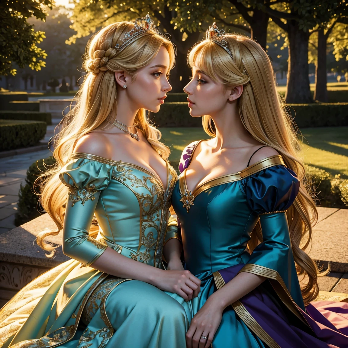 (masterpiece, best quality:1.5), highest quality, High resolution, Super detailed, realistic, Full body shot of blonde princess, detailed and beautiful eyes, beautiful detailed lips, highly detailed eyes and face, long eyelashes, princess in blue royal gown, Gorgeous and colorful makeup, Elegant and classy々pose,shining crown and jewels, Royal gardens as background, soft natural light, Bright colors, fine brush strokes, portrait style, Exquisite details in the dress material, gorgeous color palette, glowing skin, Top-notch rendering that captures every detail, enchanting atmosphere, subtle shadows and highlights, perfect anatomy, (two stunning princesses is deeply in love with each other:1.4), (kiss:1.2)