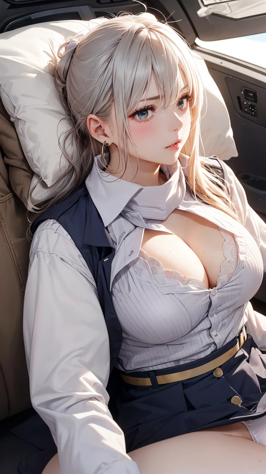 (masterpiece: 1.3), (Maximum resolution: 1.2), (Ultra HD TV: 1.2), Cinematic Light, 8K resolution, Detailed facial features , (Sharp focus: 1.2), (Focus on the face:1.2),Perfect Style, Beautiful Face, Acura, Anatomically correct, Highly detailed face and skin quality感, Beautiful Eyes,ThroughkBright Eyes, Natural Cheeks, Glowing Skin, (Glossy Lips: 1.4),、 (A shameful expression: 1.2),Highly detailed face and skin quality, Natural Cheeks, , Glossy Lips,Exposed cleavage、(White mucus on chest:1.6)(White mucus on thighs:1.6)、 blush、Humiliating、shame、Please open your knees、dissatisfaction、anger、tears、sorrow、Glaring at the camera、Spread your legs、 White underwear、White bra、Sparkly little earrings and necklace、Disheveled clothes、Exposed panties、stockings、Drenched in sweat、Thin underwear、Wet underwear、stockings 、Long Hair、32 years old, Clean woman,1 person、 first class cabin、On the bed(On my back, Lying down in bed, Lying down in bedいる, Lying down, White sheets:1.3)、blonde、Silver Hair、Black brown hair、Blue-gray eyes、Green-gray eyes,(Stewardess Uniform:1.4)、scarf、dissatisfaction、Masturbate、Nipple exposure、Soft Breasts、