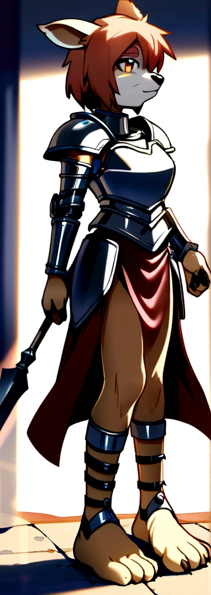 1girl, furry, furry_female, goat_ears, goat_girl,  solo, wearing full body plate armor, gladiator skirt, gladiator sandals, humanoid feet, holding a spear, nosebleed,bloody nose