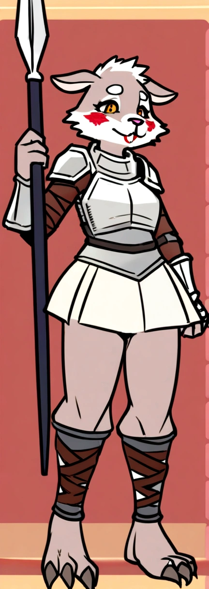1girl, furry, furry_female, goat_ears, goat_girl, solo, wearing full body plate armor, gladiator skirt, gladiator sandals, humanoid feet, holding a spear, nosebleed,bloody nose