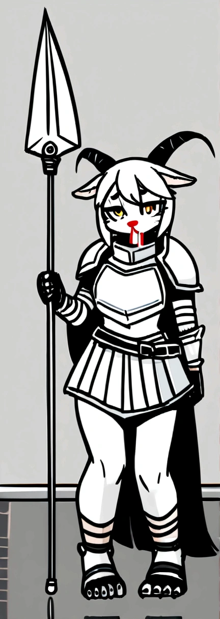 1girl, furry, furry_female, goat_ears, goat_girl, solo, wearing full body plate armor, gladiator skirt, gladiator sandals, humanoid feet, holding a spear, nosebleed,bloody nose