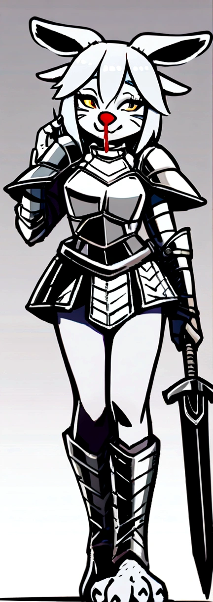 1girl, furry, furry_female, goat_ears, goat_girl, solo, wearing full body plate armor, gladiator skirt, gladiator sandals, humanoid feet, holding a spear, nosebleed,bloody nose