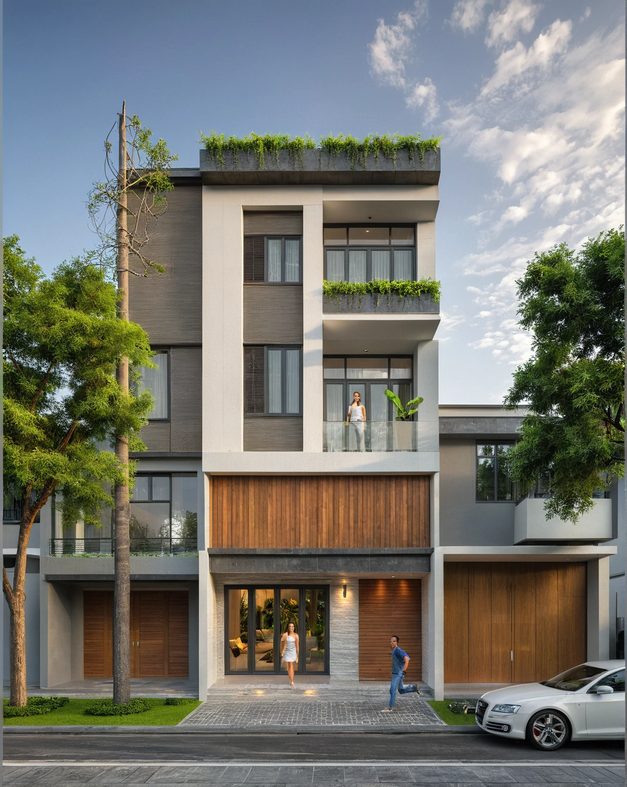 modern villa on street, (overcast lighting:1.2), tropical tree, vivid color, streetcapes, nice sky, grey and wwhite tone, (large glass door:1.2), warm interior lighting, modern material, best quality, ultra realistic, masterpiece, 17ArchiAI_XL_VL-v1