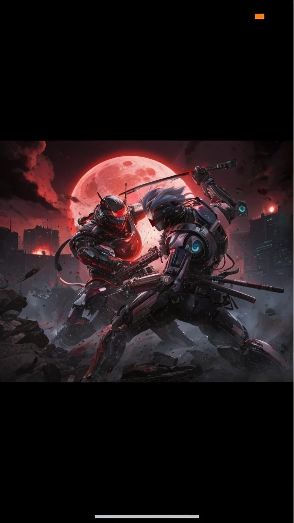 Ultra ha, full ha 8k regulations, masterpiece ultra realistic, anime, cyberpunk themed, cybernetics and robotics ninja fighting with a blood red moon background
