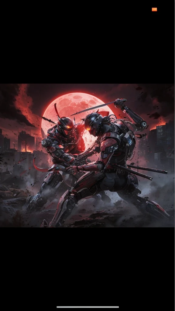 Ultra ha, full ha 8k regulations, masterpiece ultra realistic, anime, cyberpunk themed, cybernetics and robotics ninja fighting with a blood red moon background