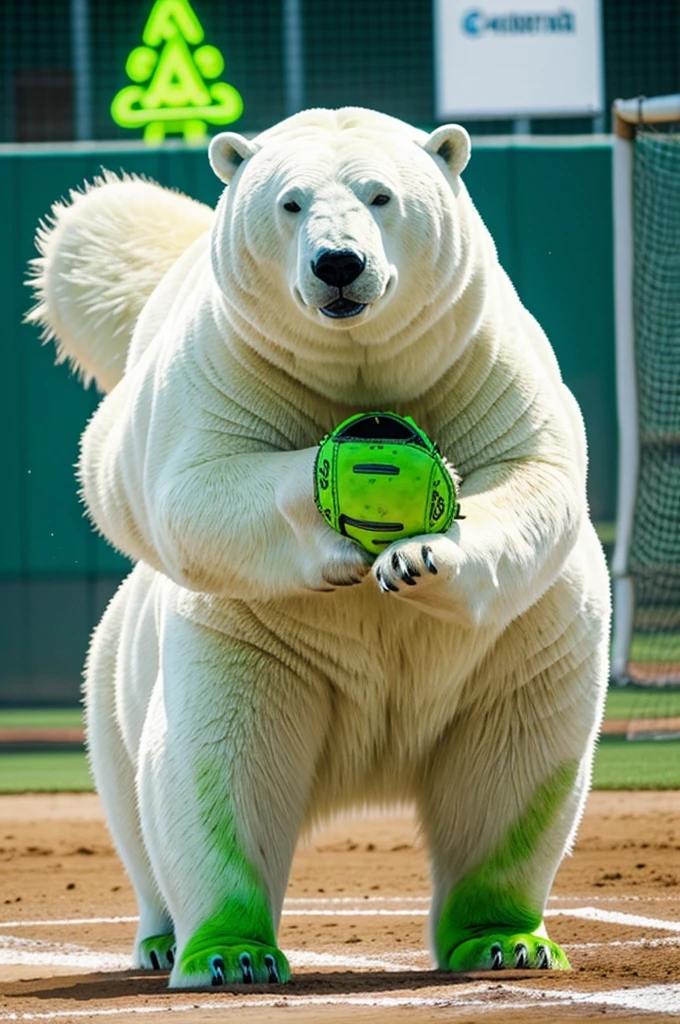 big fat polar bear with green neon skin playing softball catcher