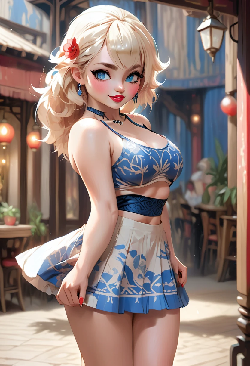 pink waist high short skirt, platinum blonde, very long hair, chignon, crop top. leaning forward provocatively, Messy Hair, Pale Skin, Red Lips, On hands and knees.  skirt Wth Woodcut Patterns, crop top Wth Blue Rosemaled Designs. Midriff Wide Smile, Eyes Detailed & Wide,Dynamic Pose. On hands and knees Digital Painting, 4K Ultra HD, Rococo-Inspired Fantasy Art With Intricate Details. Cute, Charming Expression, Alluring-Gaze, Beautiful Blue Eyes, An-Ideal-Hourglass-Figure.. Large Youthful Well-Shaped Bosom, Large-butt. massive-Round-Breasts Décolletage. Full Length Side Profile Anna Popplewell
