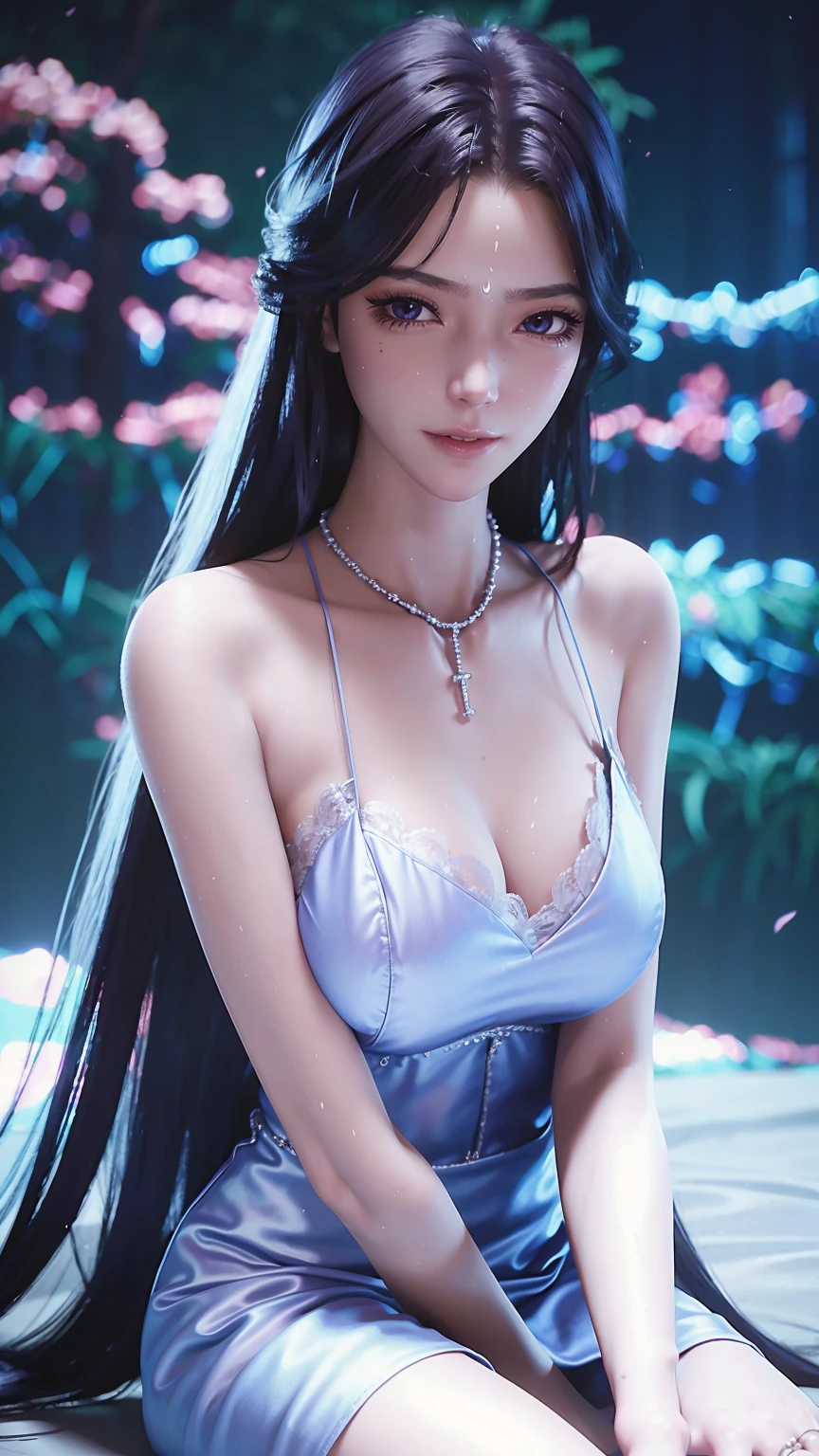 a beautiful young woman with long hair, wearing a nightgown, sitting on a bed, barefoot, in a dress, lying on her side, cross-legged, full body shot, (best quality,4k,8k,highres,masterpiece:1.2),ultra-detailed,(realistic,photorealistic,photo-realistic:1.37),beautiful detailed eyes,beautiful detailed lips,extremely detailed eyes and face,longeyelashes,natural lighting,warm tones,soft focus,portraits,chiaroscuro,depth of field