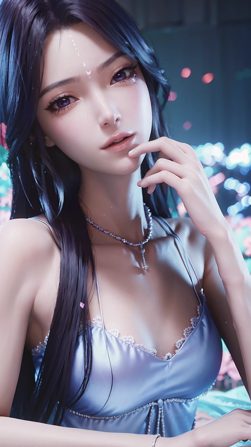 a beautiful young woman with long hair, wearing a nightgown, sitting on a bed, barefoot, in a dress, lying on her side, cross-legged, full body shot, (best quality,4k,8k,highres,masterpiece:1.2),ultra-detailed,(realistic,photorealistic,photo-realistic:1.37),beautiful detailed eyes,beautiful detailed lips,extremely detailed eyes and face,longeyelashes,natural lighting,warm tones,soft focus,portraits,chiaroscuro,depth of field