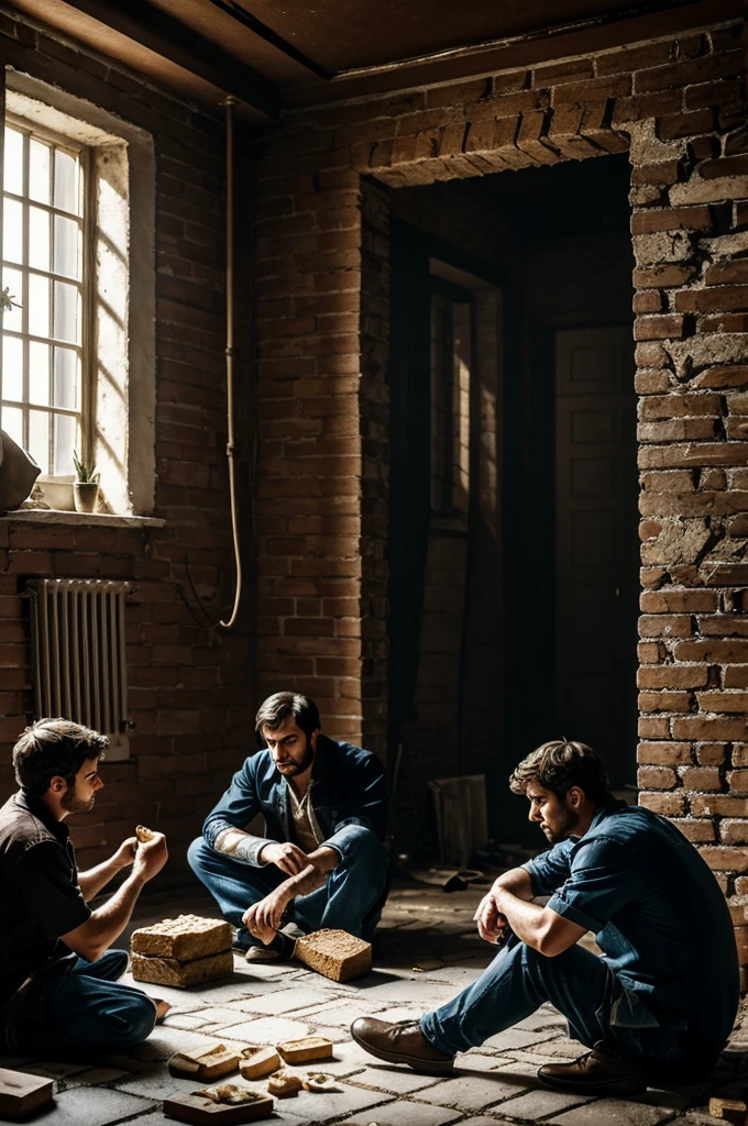 prompt: /Imagine a cold, damp basement of a mansion with little furniture.. The son is sitting on the floor, eating a piece of old bread. The father seems grateful, while the son is confused and upset. In the background, the father is repairing a broken wall.


