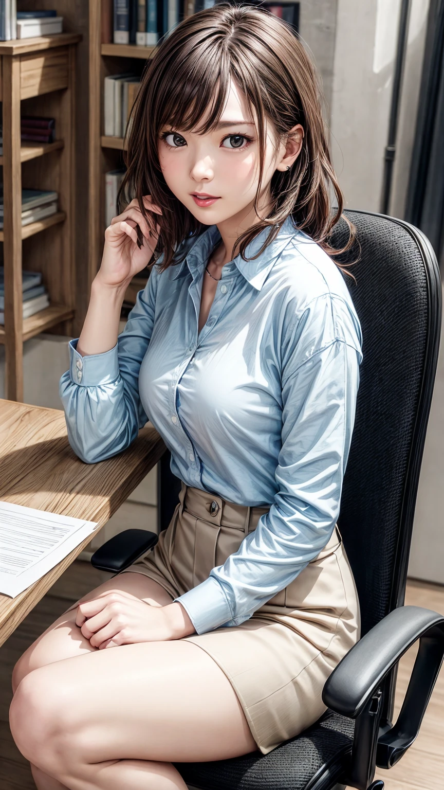 8K quality、High resolution、Sexy suit woman、Realistic skin texture、High resolutionの肌、、Princess Hair、thin、Small breasts、Open the mouth to reveal a realistic tongue、Thin legs、、Full Body Shot、Moist lips、Sitting at a desk looking at documents、Wear a cardigan over an unbuttoned shirt