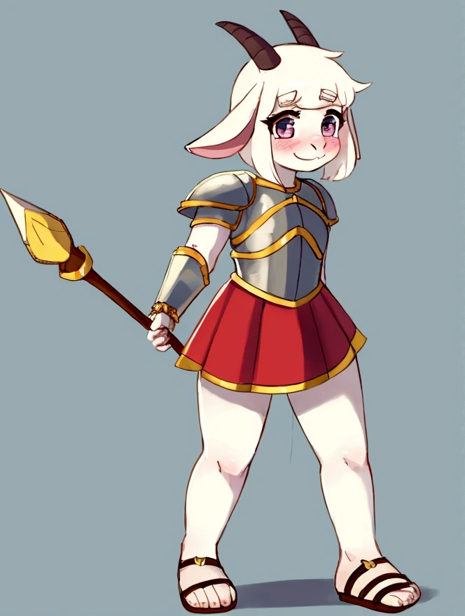 1girl, furry, furry_female, goat_ears, goat_girl, smile, solo, cute, shy, wearing full body plate armor, gladiator skirt, gladiator sandals, humanoid feet, holding a spear, nosebleed,bloody nose