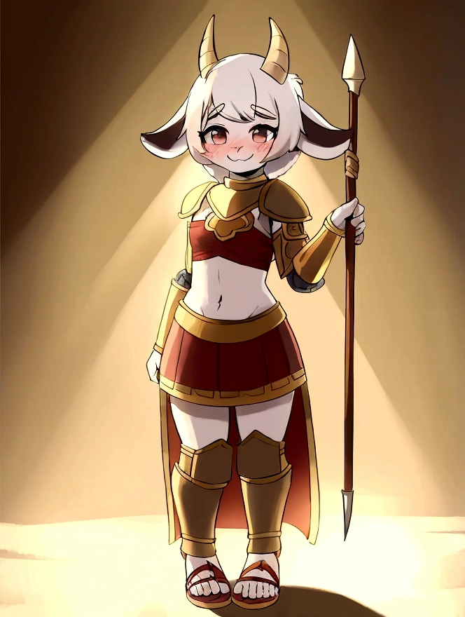 1girl, furry, furry_female, goat_ears, goat_girl, smile, solo, cute, shy, wearing full body plate armor, gladiator skirt, gladiator sandals, humanoid feet, holding a spear, nosebleed,bloody nose
