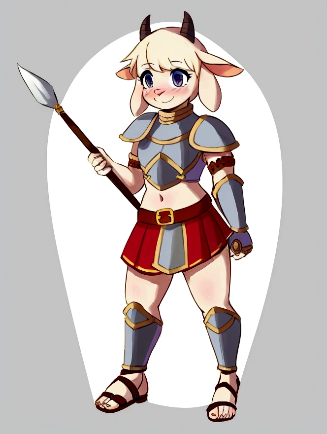 1girl, furry, furry_female, goat_ears, goat_girl, smile, solo, cute, shy, wearing full body plate armor, gladiator skirt, gladiator sandals, humanoid feet, holding a spear, nosebleed,bloody nose