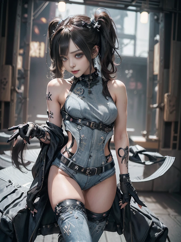 (Full Body View:1.4)、(Side view:1.1)、(Smiling with teeth showing:1.3),(Shibuya Gal:1.5)、(Gothic ta style fashion:1.5)、(Punk RockVisual Kei:1.5)、(Wearing a rhythmic gymnastics bodysuit with intricate details:1.4)、(Racing suit and pants with intricate decorations in white, denim and charcoal:1.5)、(Denim and light blue and white boots:1.3)、((belt))、(Numerous delicate logo marks all over the costume:1.4)、(collar:1.3)、(Striped underwear:1.5)、20-year-old、NSFW、((Highest quality、In 8K、masterpiece:1.3))、Sharp focus:1.2、(Layered Cut、Huge boobs:1.1),Beautiful woman with perfect figure:1.4、(Dancing vigorously:1.3)、Slender Abs:1.2、Highly detailed face and skin texture、Detailed eyes、double eyelid,(Twin tails:1.3)、(Brown Hair:1.3)、Gravure idol、(The background is the stage of the fashion show:1.3)、(Slim body:1.3),(Make your legs thinner:1.4),(clavicle:1.1)、(Thin and slim thighs:1.3)