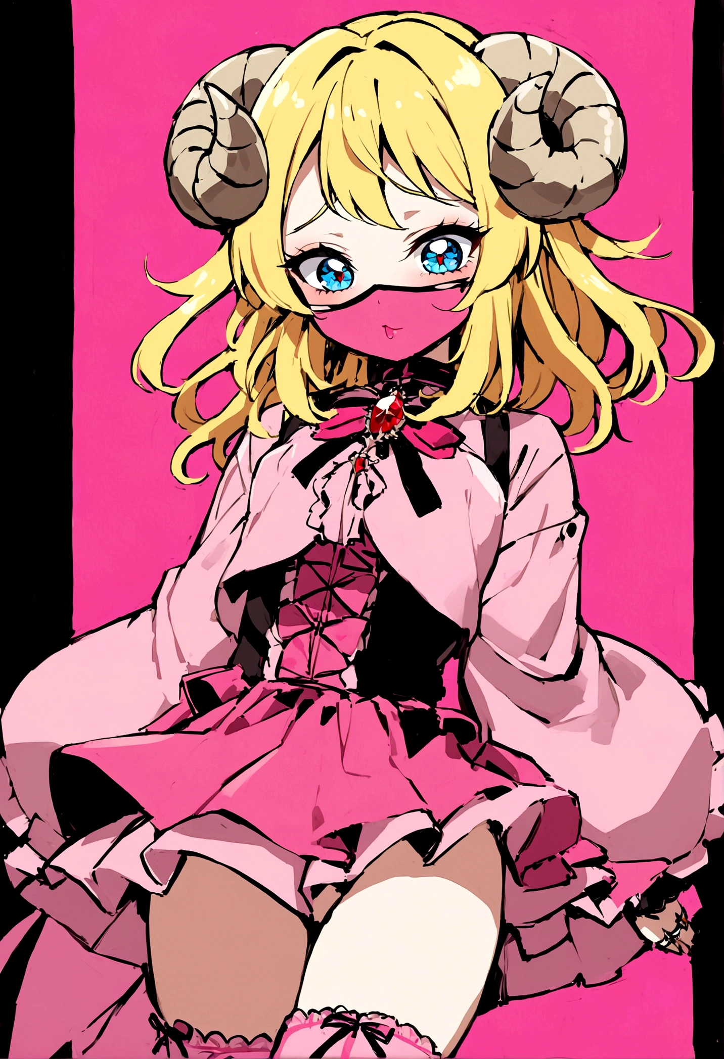 masterpiece, Highest quality, ((1 person)),Yellow Hair,Light blue eyes,Expression of agony,whole body,Manga style,Bob Hair,Landmine makeup,Eyes that feel,((Love Live Wind),Sheep horns on the head,Red corners of the eyes,Thigh High,Jiraikei,skirt,ring,gem,ピンク色Thigh High,Pink mouth mask,shirt,cross,ピンクskirt,Frills,Pink Gothic,ribbon,Pink Gothic,Long sleeve,A big smile of scheming,ringみたいに迫ってくる,The costume is pink,