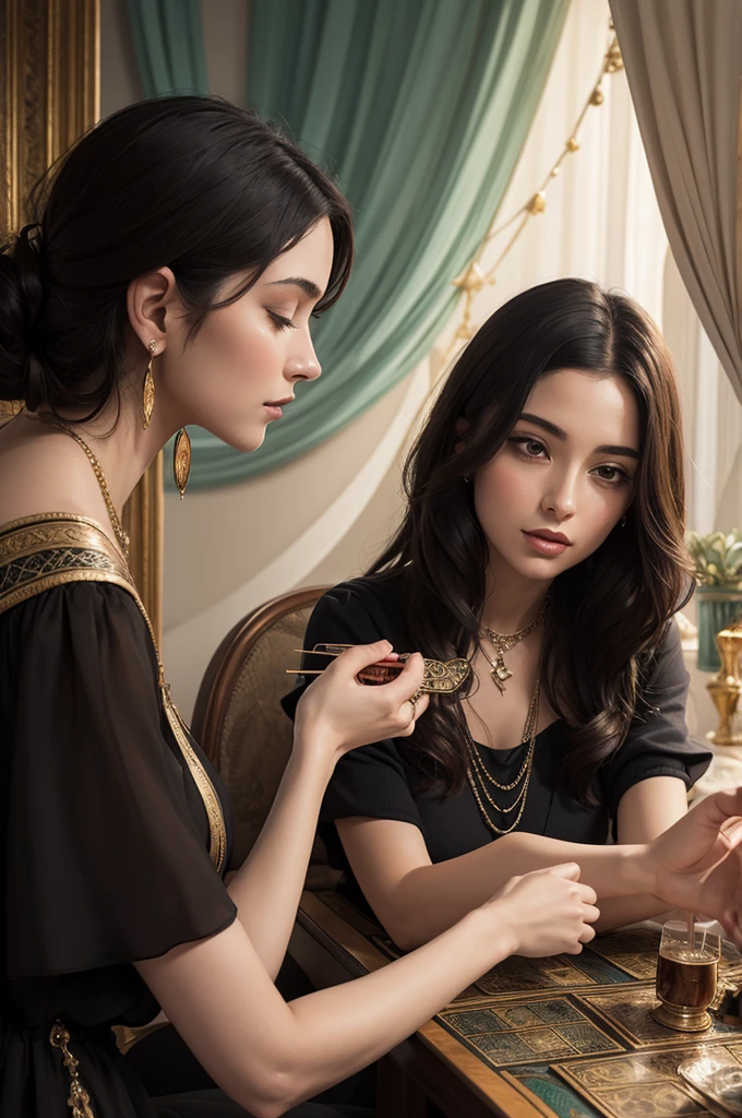 Painting of women whispering one of them with tarot cards in their hands