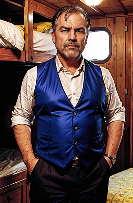 50 year old man, fat, ruddy cheeks, thinning hair, scowling, brightly coloured suit and embroidered waistcoat, keffiyeh, arms folded, standing inside gypsy caravan, bunk beds, lingerie hanging down