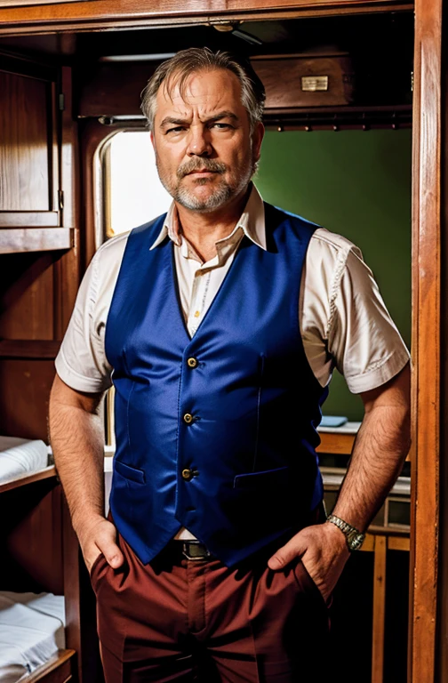 50 year old man, fat, ruddy cheeks, thinning hair, scowling, brightly coloured suit and embroidered waistcoat, keffiyeh, arms folded, standing inside gypsy caravan, bunk beds, lingerie hanging down