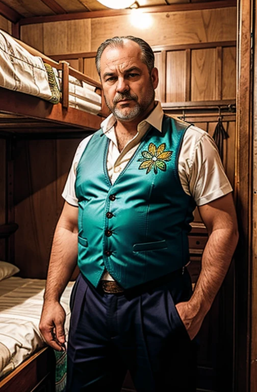 50 year old man, fat, ruddy cheeks, thinning hair, scowling, brightly coloured suit and embroidered waistcoat, keffiyeh, arms folded, standing inside gypsy caravan, bunk beds, lingerie hanging down